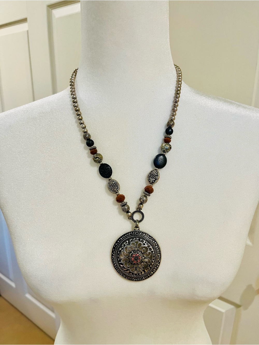 Ruby Rd. Antique Silver Boho Medallion Pendant Beaded Necklace